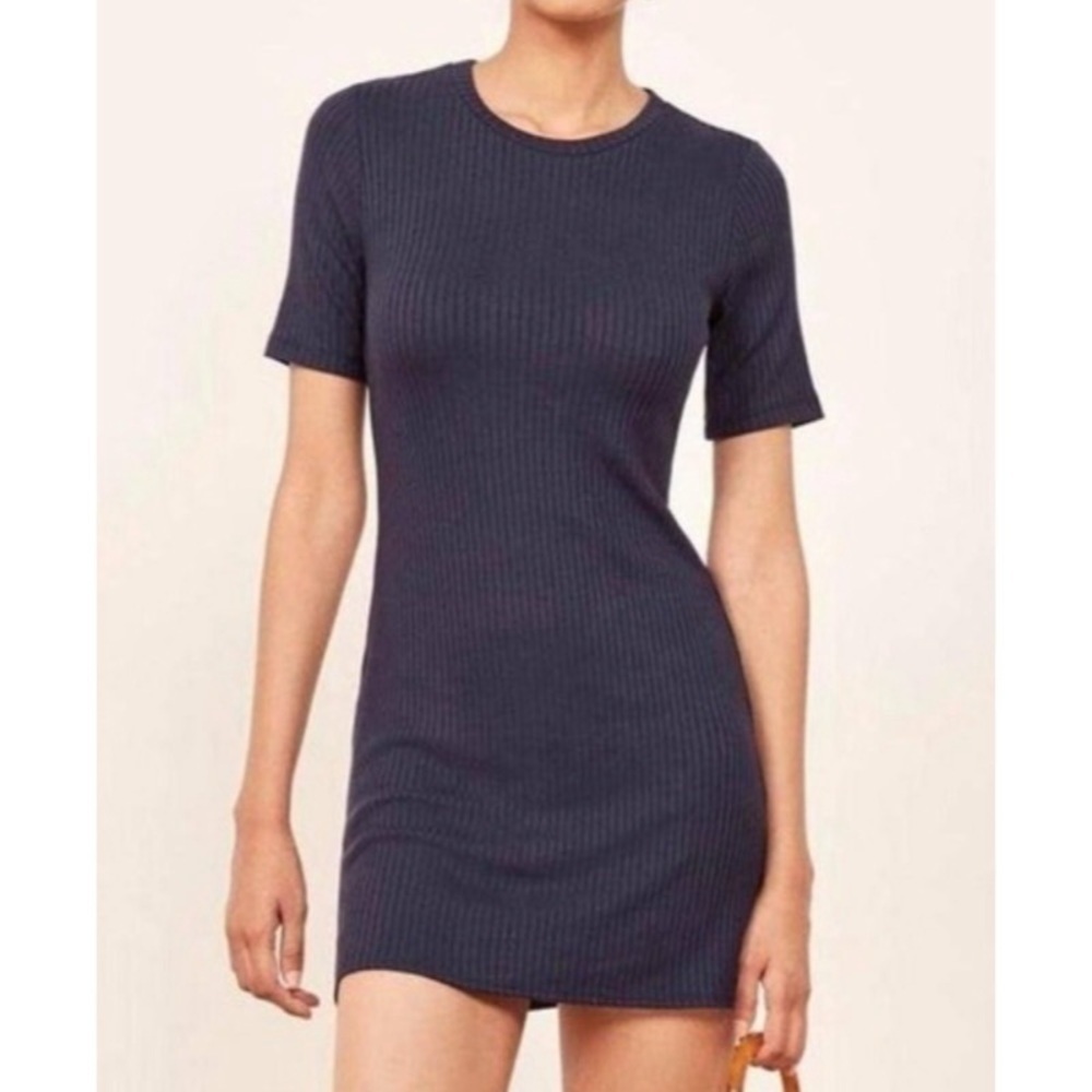 REFORMATION Gigi Ribbed Knit Mini Dress in Blue